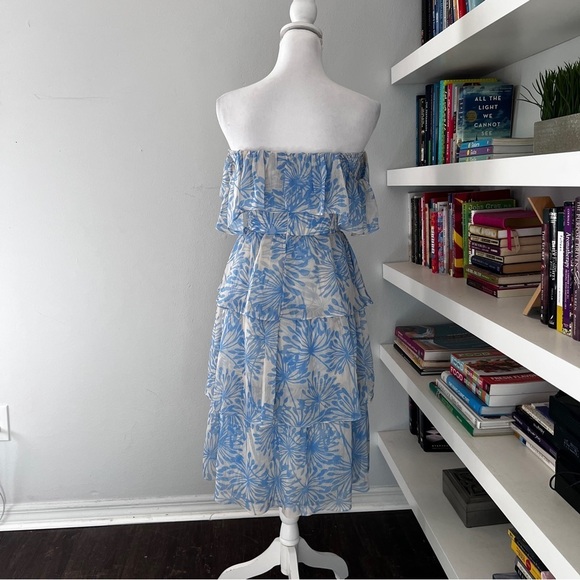 Amanda Uprichard Venezia blue & cream off shoulder midi dress size XS - Picture 4 of 13